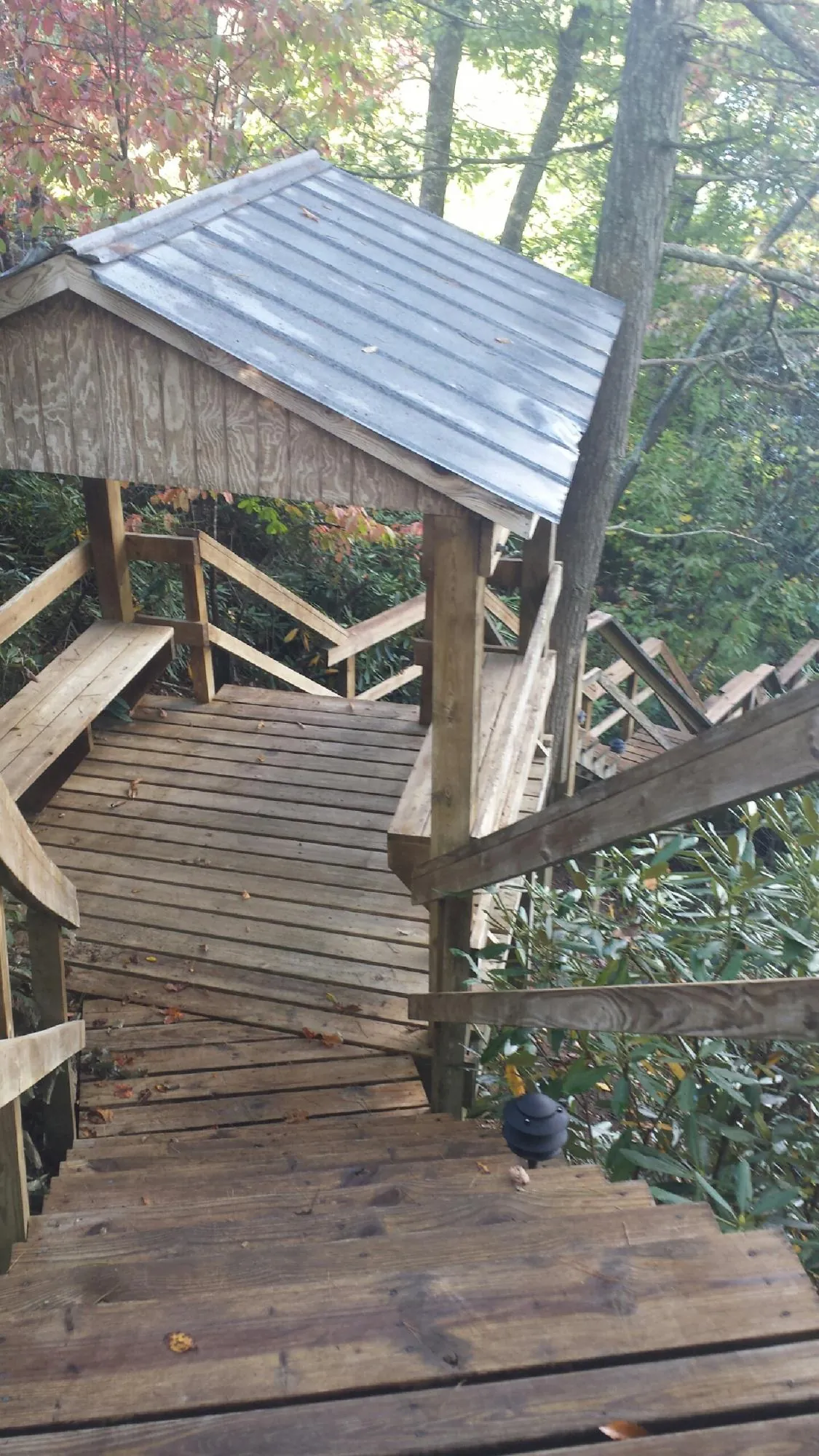 Metal roofed shelter over wooden steps on a wooded walkway — Skylight Repair & Installation work by our crew in Lake Waccamaw